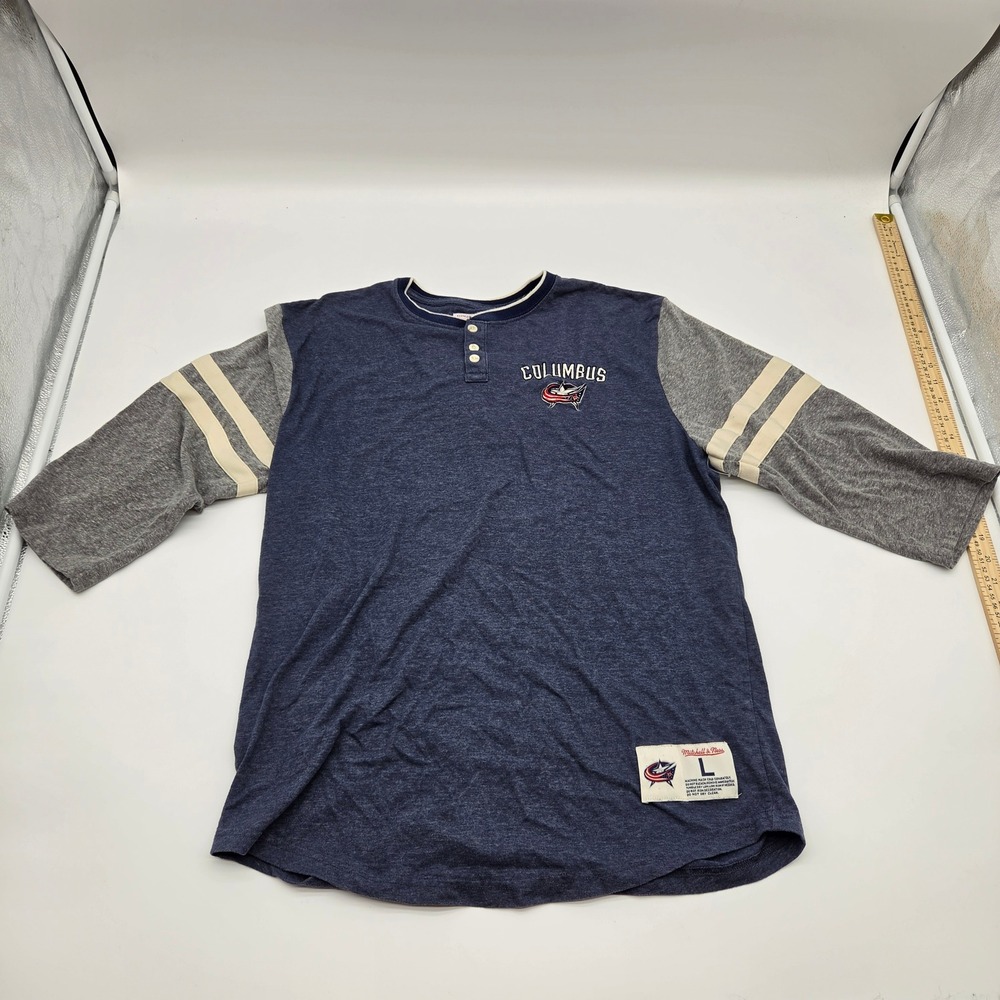 Mitchell Ness Columbus Blue Jackets Henley Shirt Mens Large Navy 3/4 Sleeve NHL